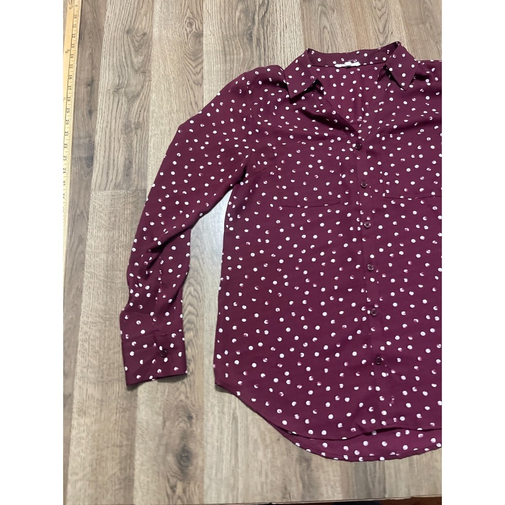 Maurices Blouse, Women's Small, Maroon White Polka Dots Long Sleeve Button Up - Picture 3 of 10